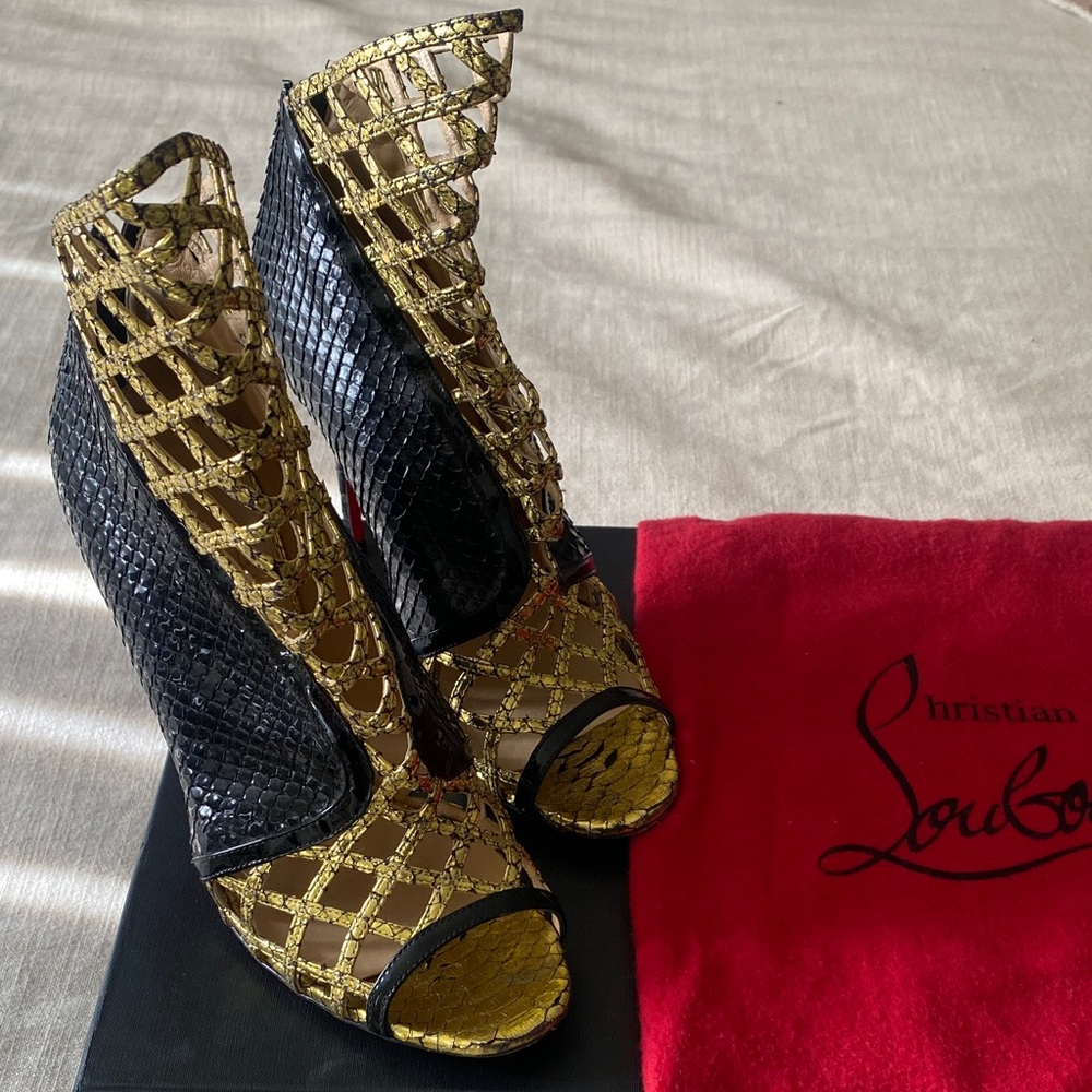 Christian Louboutin Black and Gold Caged Heels